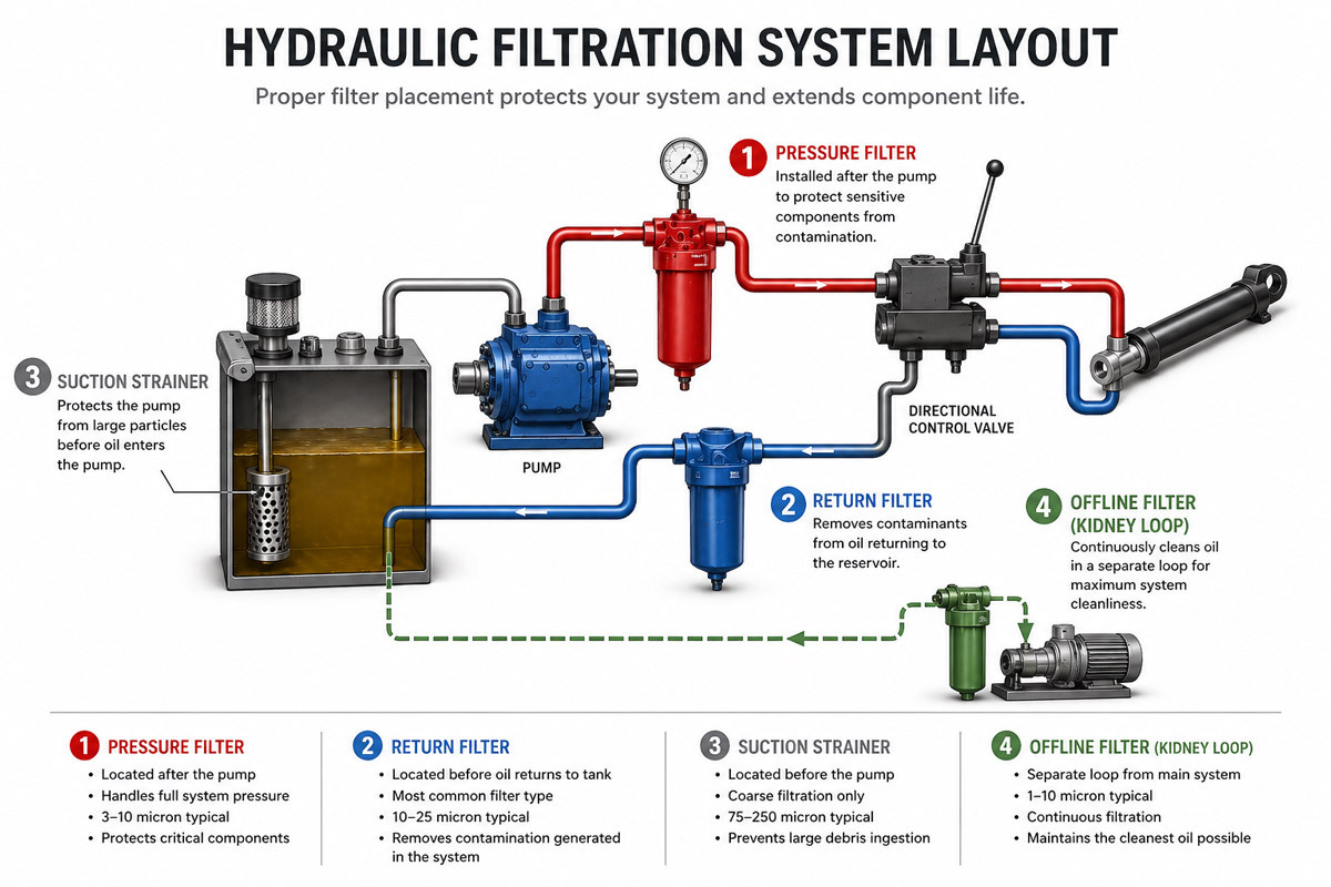 Layout of a hydraulic filter system with pressure filter, return filter, and offline filter