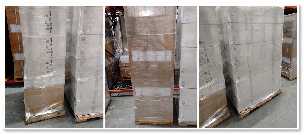 Eighty air intake panel filters packaged for shipment.